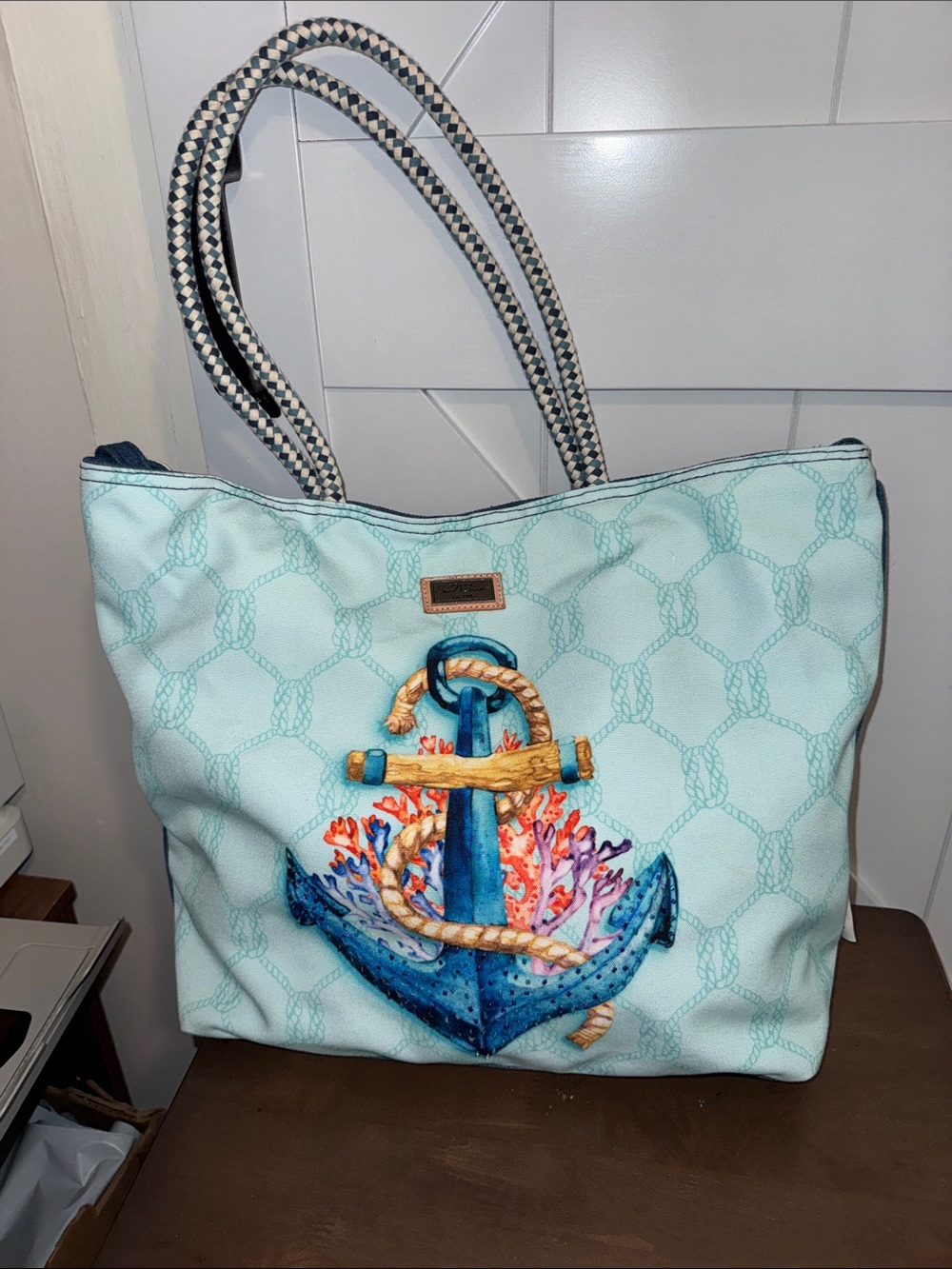Paul Brent Sand and Sea Mint Anchor-Print Tote Bag with Rope Handles